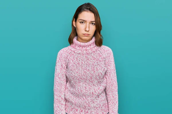 Young Caucasian Girl Wearing Wool Winter Sweater Depressed Worry Distress — Stock Photo, Image