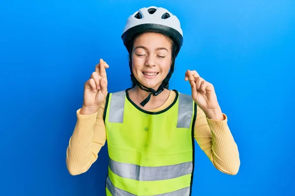 Beautiful Brunette Little Girl Wearing Bike Helmet Reflective Vest Gesturing —  Fotos de Stock