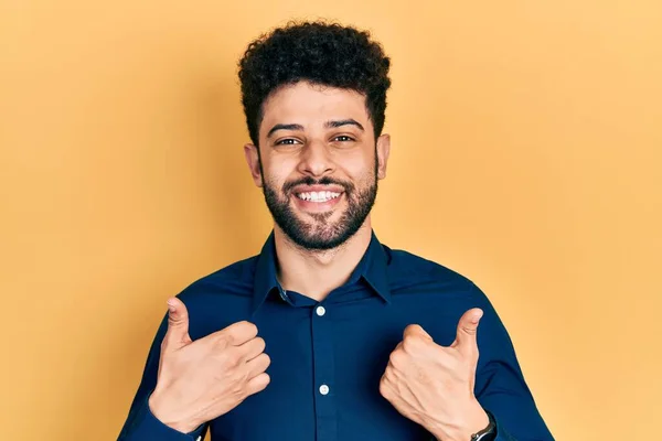 Young Arab Man Beard Wearing Casual Shirt Success Sign Doing — Stock Photo, Image