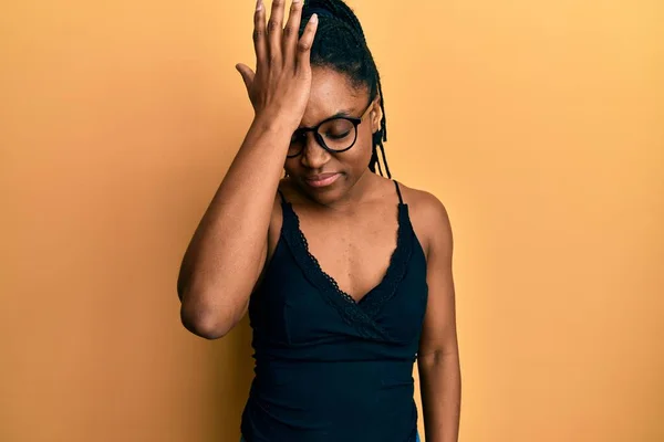 African American Woman Braided Hair Wearing Casual Clothes Glasses Surprised — Photo