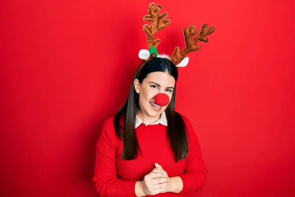 Young Hispanic Woman Wearing Deer Christmas Hat Red Nose Hands — Photo