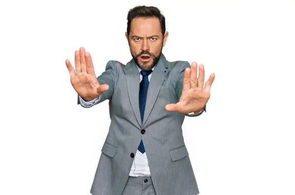 Middle Age Man Wearing Business Clothes Doing Stop Gesture Hands — Stock Photo, Image