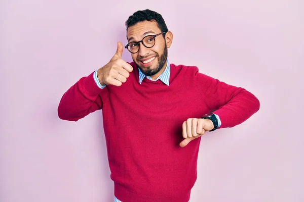 Hispanic Man Beard Wearing Business Shirt Glasses Doing Thumbs Disagreement —  Fotos de Stock