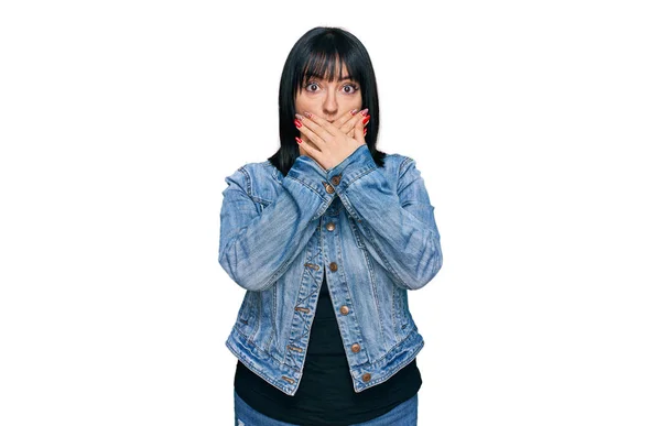 Young Hispanic Woman Wearing Casual Clothes Shocked Covering Mouth Hands — Stock Photo, Image