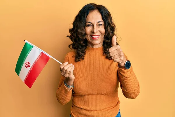 Middle Age Hispanic Woman Holding Iran Flag Smiling Happy Positive — Stock Photo, Image