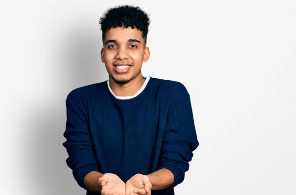 Young African American Man Wearing Casual Clothes Smiling Hands Palms — Stock Photo, Image