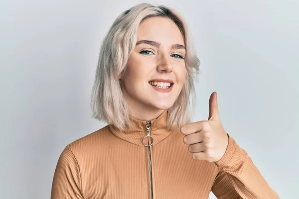 Young Blonde Girl Wearing Casual Clothes Doing Happy Thumbs Gesture — Stock Photo, Image