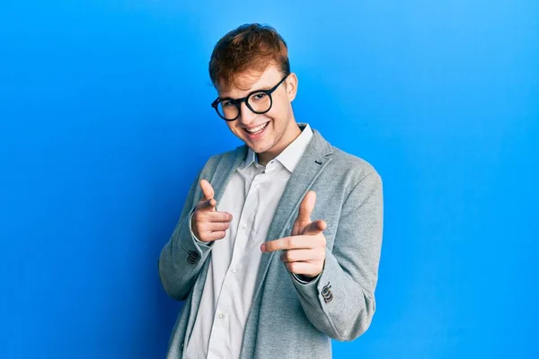Young Caucasian Man Wearing Elegant Clothes Glasses Pointing Fingers Camera —  Fotos de Stock