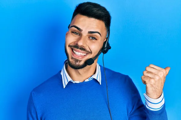 Young Hispanic Man Beard Wearing Operator Headset Call Center Office — 스톡 사진