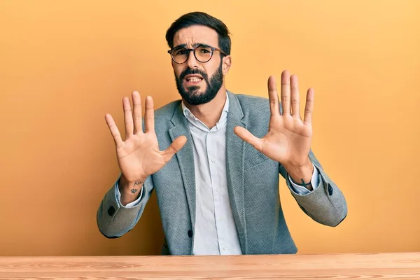 Young Hispanic Man Working Office Afraid Terrified Fear Expression Stop — ストック写真