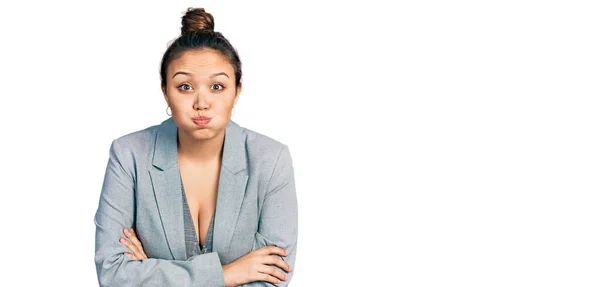Young Hispanic Girl Wearing Business Clothes Puffing Cheeks Funny Face — Stock Photo, Image