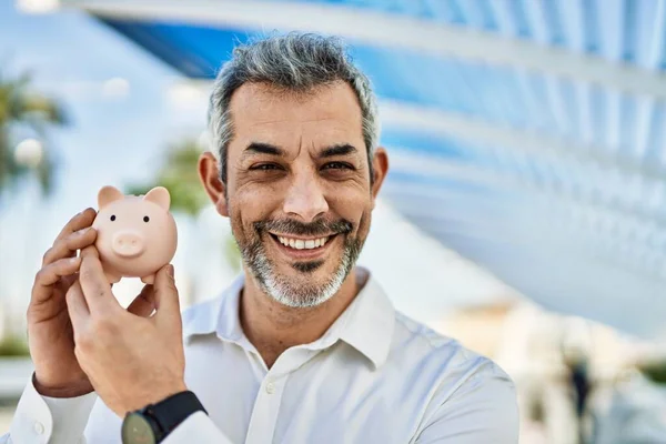 Middle Age Grey Haired Man Smiling Happy Holding Piggy Bank — Stock Photo, Image