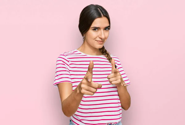 Young Hispanic Woman Wearing Casual Clothes Pointing Fingers Camera Happy — Stock Photo, Image