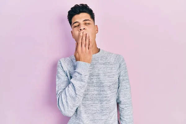 Young Hispanic Man Wearing Casual Clothes Bored Yawning Tired Covering — Stock Photo, Image
