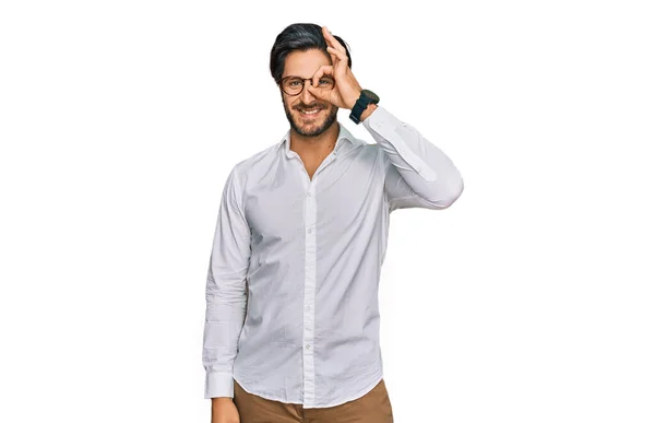Young Hispanic Man Wearing Business Shirt Glasses Doing Gesture Hand — Stock Photo, Image