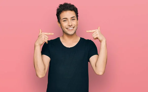 Young Handsome Man Wearing Casual Black Shirt Smiling Cheerful Showing — Stock Photo, Image