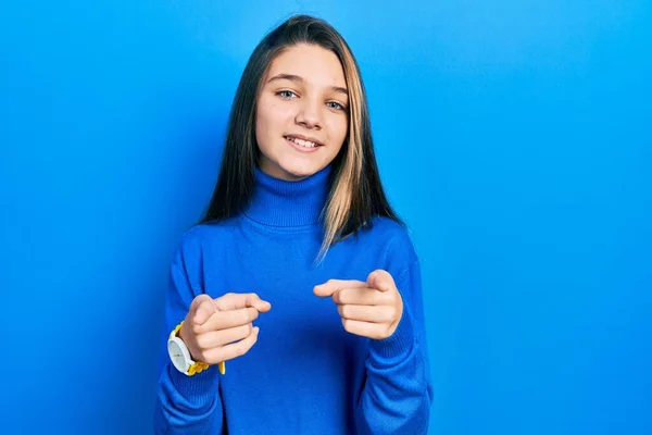Young Brunette Girl Wearing Turtleneck Sweater Pointing Fingers Camera Happy — Stock Photo, Image