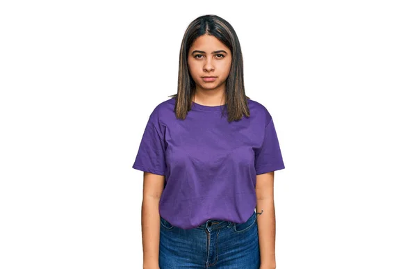 Young Hispanic Girl Wearing Casual Purple Shirt Skeptic Nervous Frowning — Stock Photo, Image