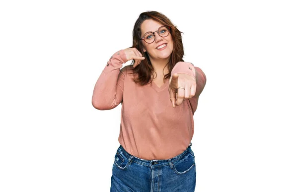 Young Size Woman Wearing Casual Clothes Glasses Smiling Doing Talking — Stock Photo, Image