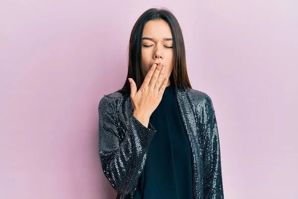 Young Hispanic Girl Wearing Party Jacket Bored Yawning Tired Covering — 스톡 사진