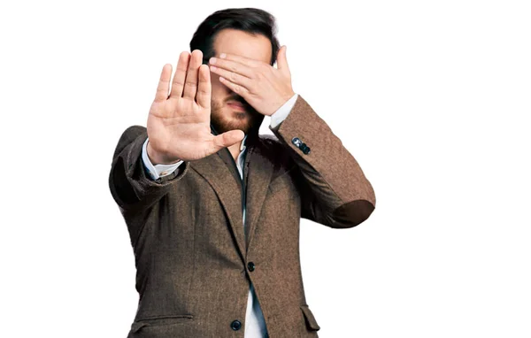 Young Hispanic Man Wearing Business Jacket Glasses Covering Eyes Hands — Stock Photo, Image