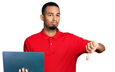 Genç Afro-Amerikalı adam bilgisayarla çalışıyor. Kızgın suratlı, negatif işaretli, başparmakları aşağıda, reddedilme kavramlı. 