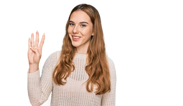 Junge Blonde Frau Lässiger Kleidung Zeigt Mit Finger Nummer Vier — Stockfoto