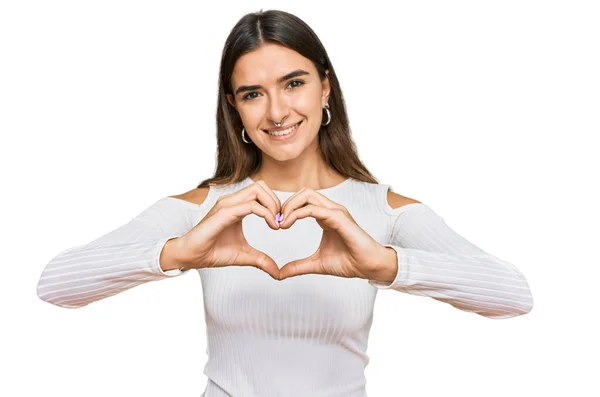 Young Hispanic Woman Wearing Casual Clothes Smiling Love Doing Heart — Stock Photo, Image