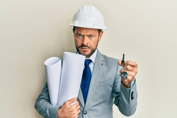 Middle Age Architect Man Wearing Safety Helmet Holding Blueprints New — Stock Photo, Image