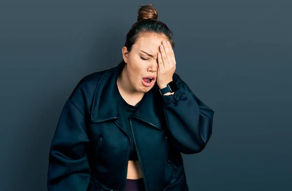 Young Hispanic Girl Wearing Sportswear Yawning Tired Covering Half Face — Stock Photo, Image