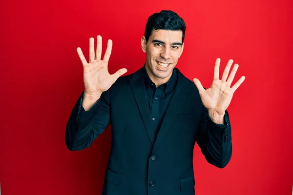 Handsome Hispanic Man Wearing Business Clothes Showing Pointing Fingers Number — ストック写真