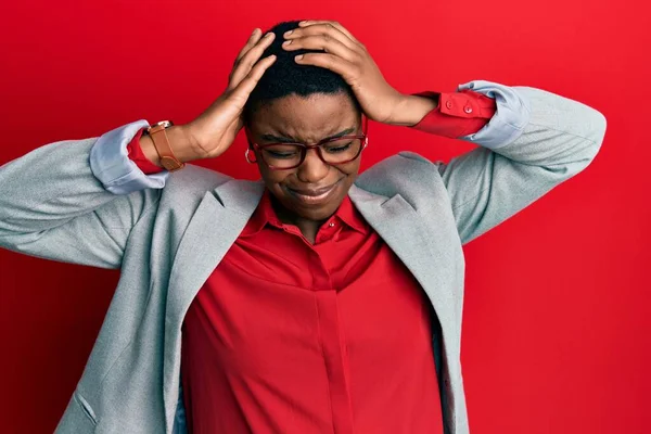 Young African American Woman Wearing Business Jacket Glasses Suffering Headache — Stock Fotó