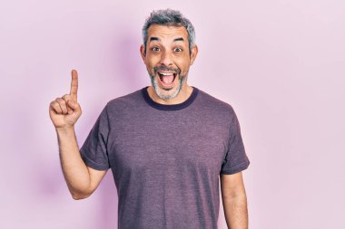 Yakışıklı, orta yaşlı, gri saçlı, işaret parmağıyla işaret eden çılgın kutlamalar yapan ve başarı için hayrete düşmüş gözleri açık, heyecanlı çığlıklar atan bir adam.. 