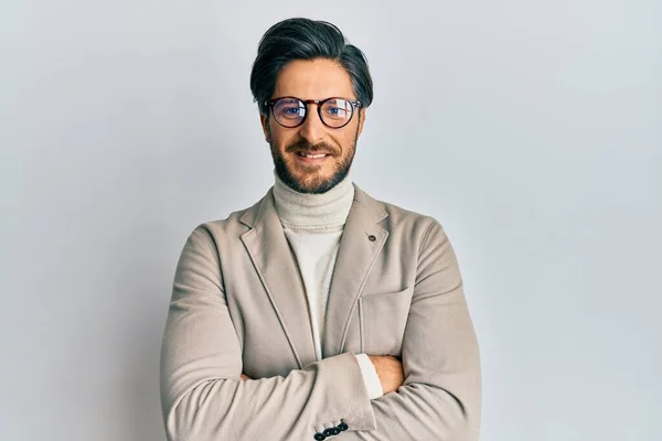 Jovem Hispânico Vestindo Jaqueta Negócios Óculos Rosto Feliz Sorrindo Com — Fotografia de Stock