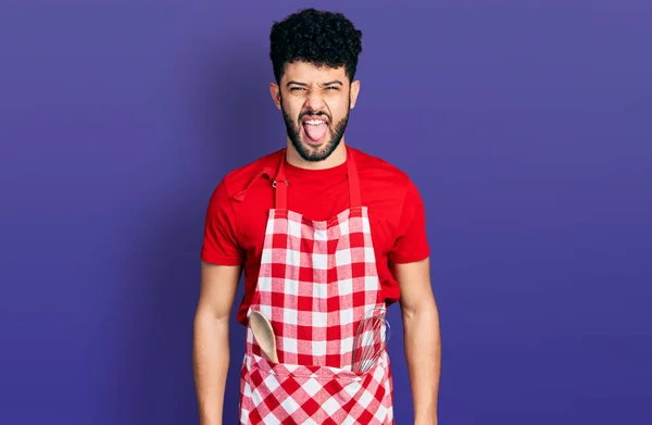 Young Arab Man Beard Wearing Cook Apron Sticking Tongue Out — Stock Photo, Image