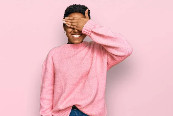 Young African American Woman Wearing Casual Clothes Smiling Laughing Hand — Stock Photo, Image