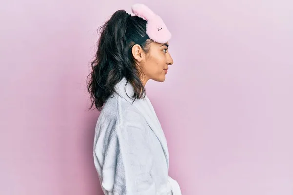 Hispanic Teenager Girl Dental Braces Wearing Sleep Mask Robe Looking — 스톡 사진