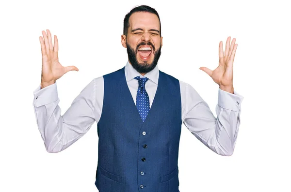 Young Man Beard Wearing Business Vest Celebrating Mad Crazy Success — Stock Photo, Image