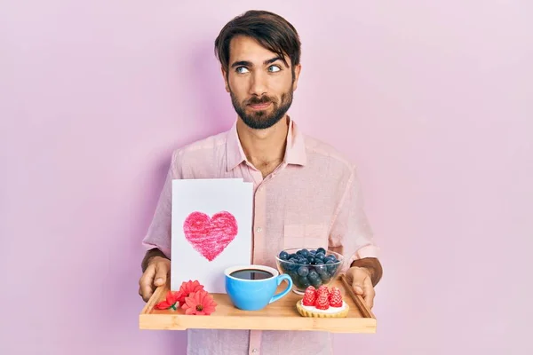 Young Hispanic Man Holding Tray Breakfast Food Heart Draw Smiling — Stock Photo, Image