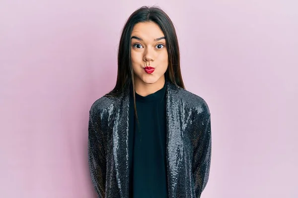 Young Hispanic Girl Wearing Party Jacket Puffing Cheeks Funny Face — Stock Fotó
