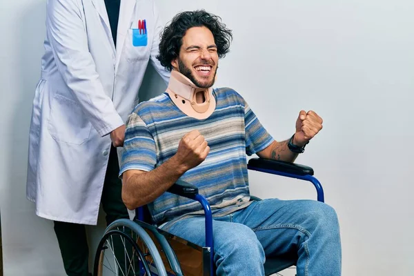 Handsome Hispanic Man Sitting Wheelchair Wearing Neck Collar Excited Success — Stock Photo, Image