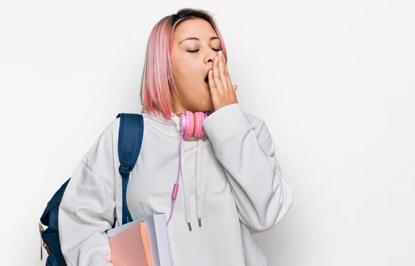 Hispanic Woman Pink Hair Wearing Student Backpack Headphones Bored Yawning — Stock Photo, Image