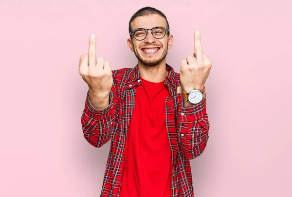 Hispanic Young Man Wearing Casual Clothes Showing Middle Finger Doing — Stockfoto