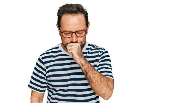 Middle Age Man Wearing Casual Clothes Glasses Feeling Unwell Coughing — Stock Photo, Image