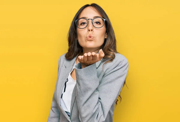 Young Brunette Woman Wearing Business Clothes Looking Camera Blowing Kiss — 스톡 사진