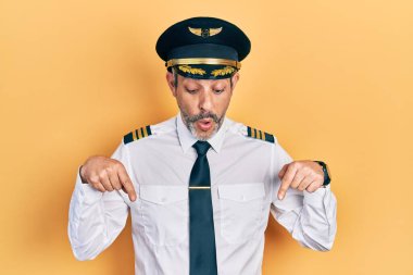 Yakışıklı, orta yaşlı, gri saçlı, uçak pilotu üniforması giyen, parmaklarıyla reklam gösteren, şaşırmış yüzlü ve ağzı açık bir adam. 