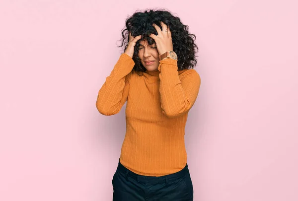 Young Hispanic Woman Wearing Casual Clothes Suffering Headache Desperate Stressed — Stock Photo, Image