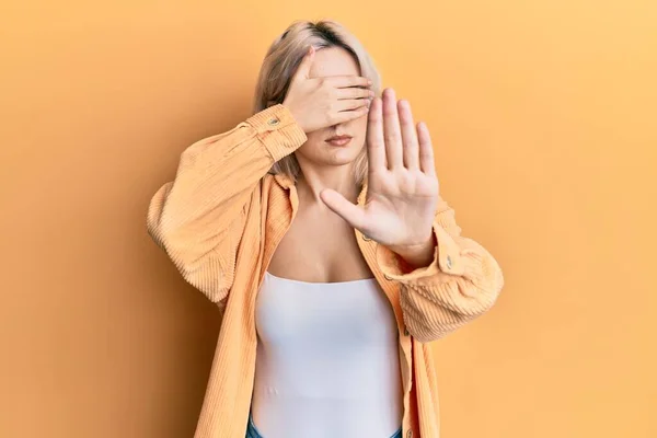 Young Blonde Girl Wearing Casual Clothes Covering Eyes Hands Doing — Stock Photo, Image