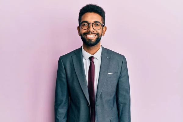 Handsome Hispanic Business Man Beard Wearing Business Suit Tie Happy — Stock Photo, Image