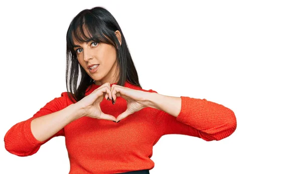 Young Hispanic Woman Wearing Casual Clothes Smiling Love Showing Heart — Stock Photo, Image